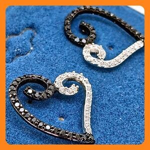 Vintage 1990s Black Clear Cubic Zirconia Heart Scroll Stud Earrings Rare New